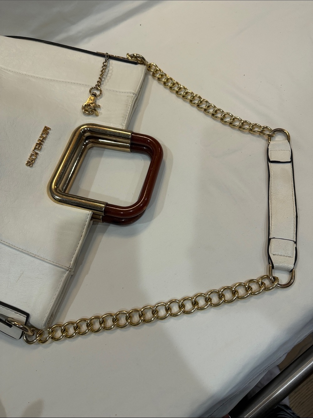 Michael Kors White Leather Tote with Gold Chain and Wood-Accent Handles - Picture 9 of 10